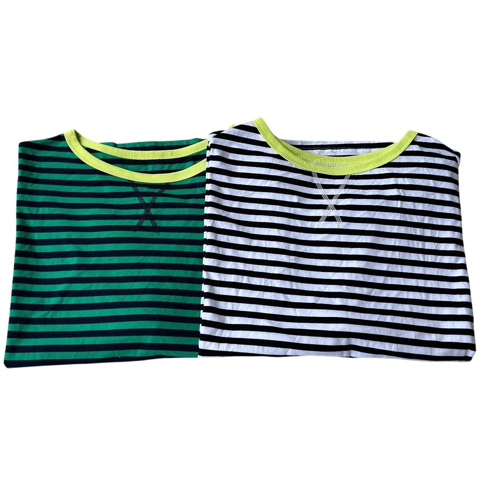 Lot of 2 Striped Ringer T-Shirts Neon Green Black White Boxy Fit‎ Large